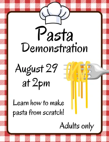 Pasta demonstration at the Key West Library on August 29 at 2pm. Adults only.