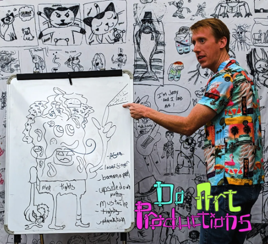 Instructor demonstrating a caricature on an easel 