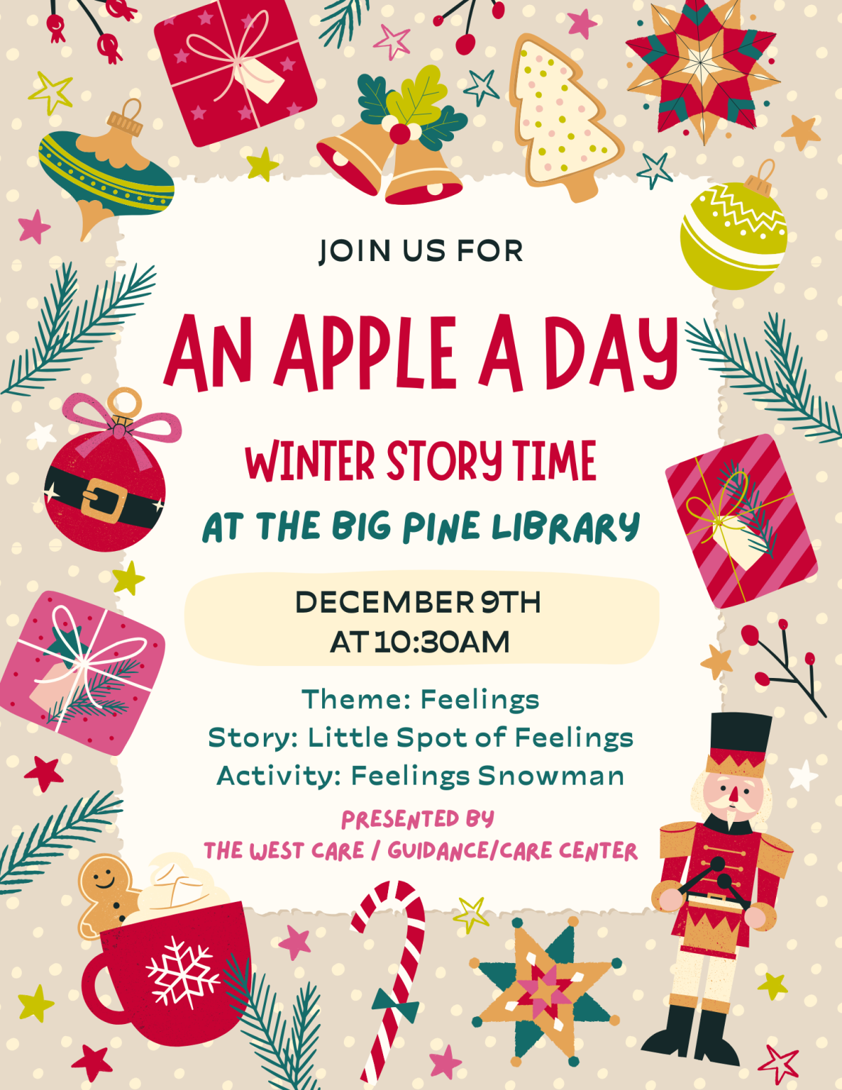Flyer for Story time on December 9th at 10:30am
