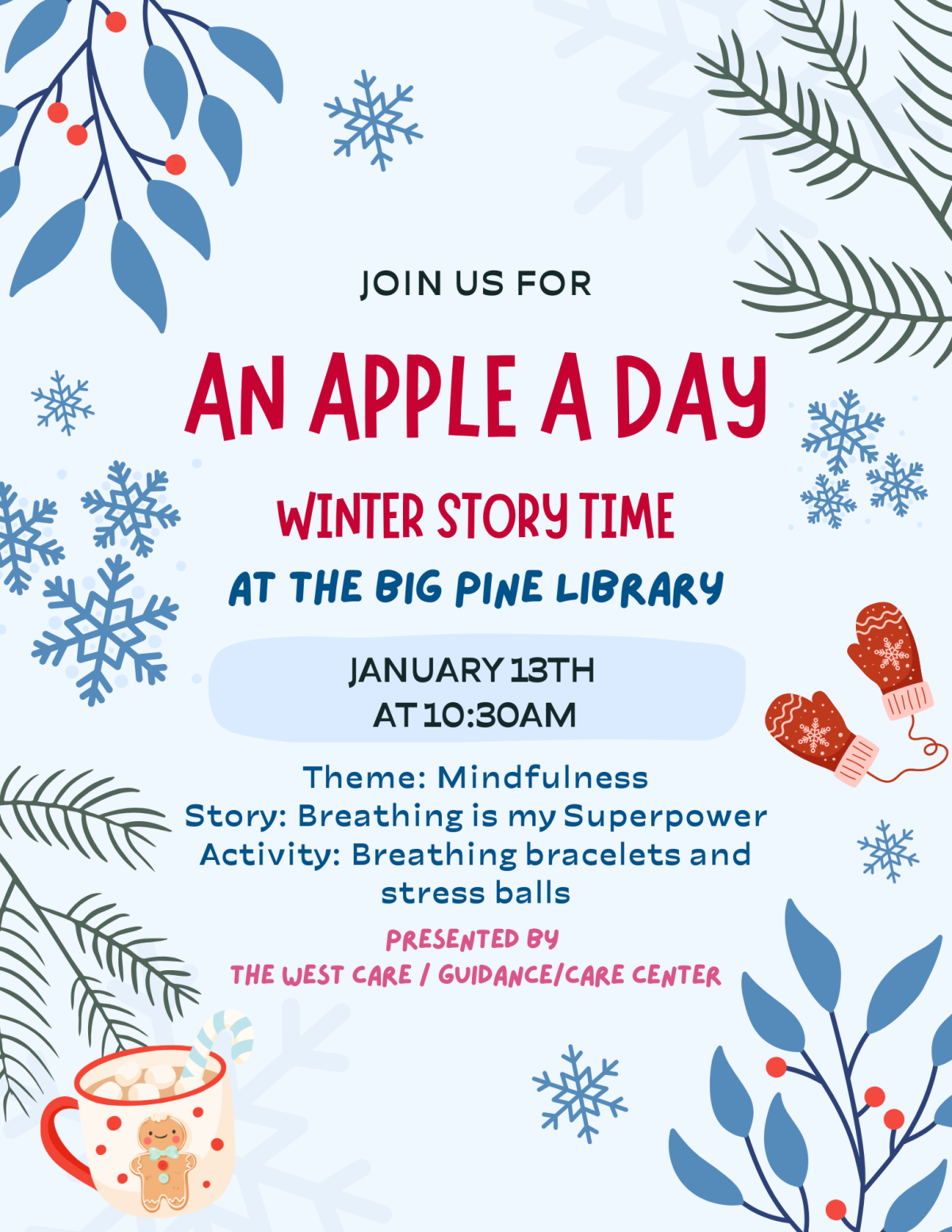 Flyer for Story Time on January 13th at 10:30am